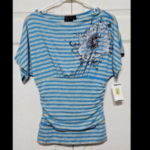 MHeartM Blue Gray Striped Pullover Twine-Aqua Striped Blouse Size M NWT(SS074)